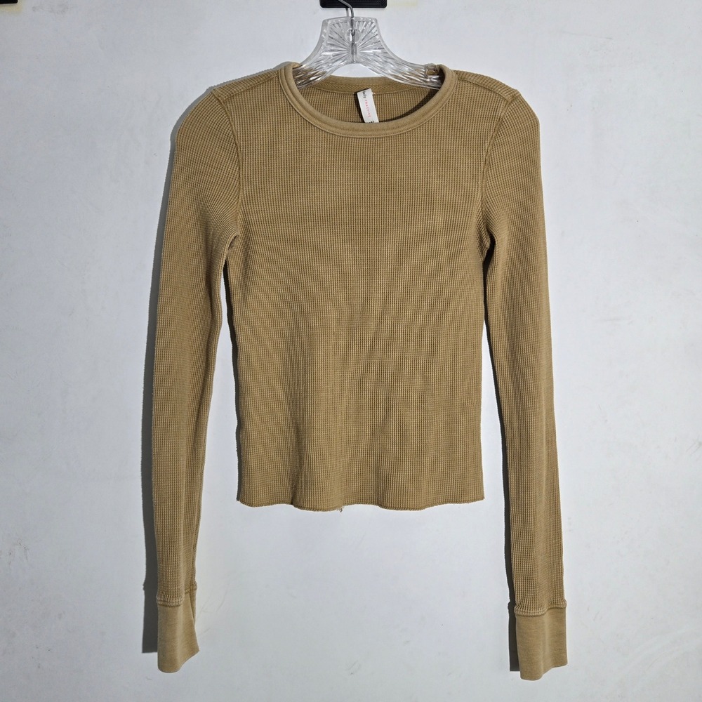 Daily Practice Waffle Knit Long Sleeve Top Tan XXS Casual Crew Neck